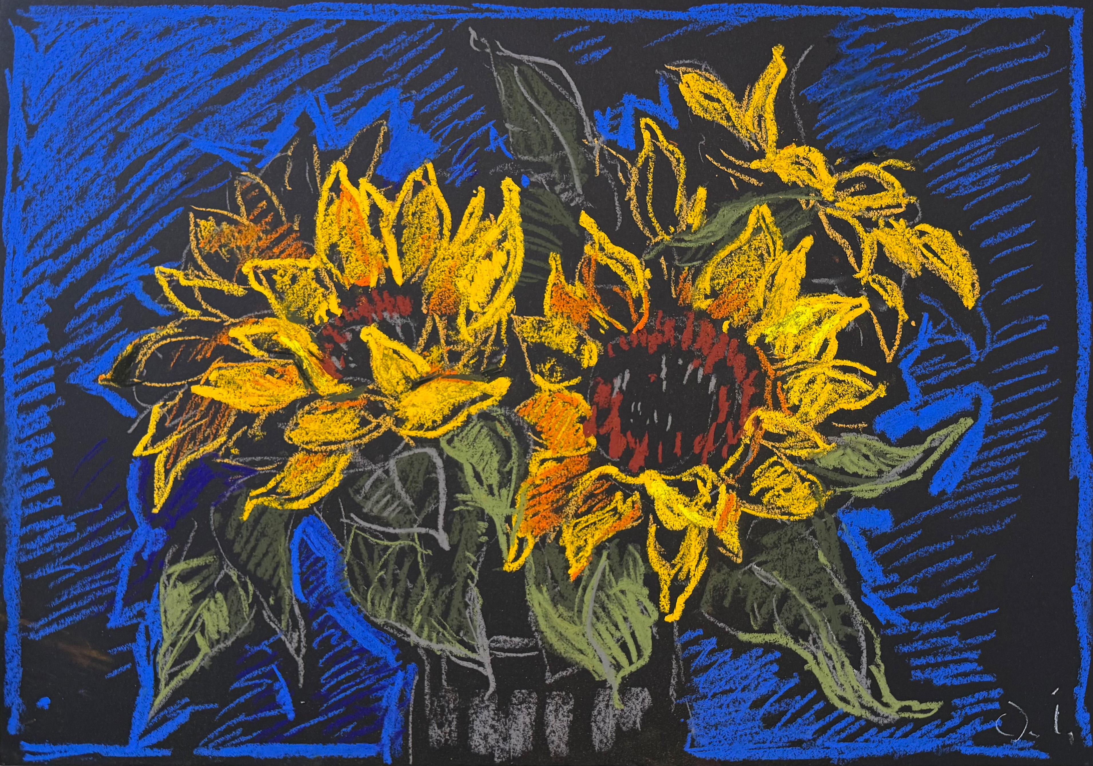 Les Tournesols Dessin Pastel Peinture Nature Morte, Jaune, Bleu, Fleur, Vibrant