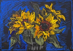 Los Girasoles Dibujo al Pastel Pintura Naturaleza Muerta, Amarillo, Azul, Flor, Vibrante