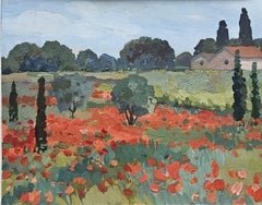 Les coquelicots du Languedoc. Peinture de paysage française, champs méditerranéens