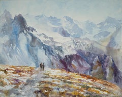 Two In The Mountains. Lovers, Swiss nature, mountain landscape, watercolor