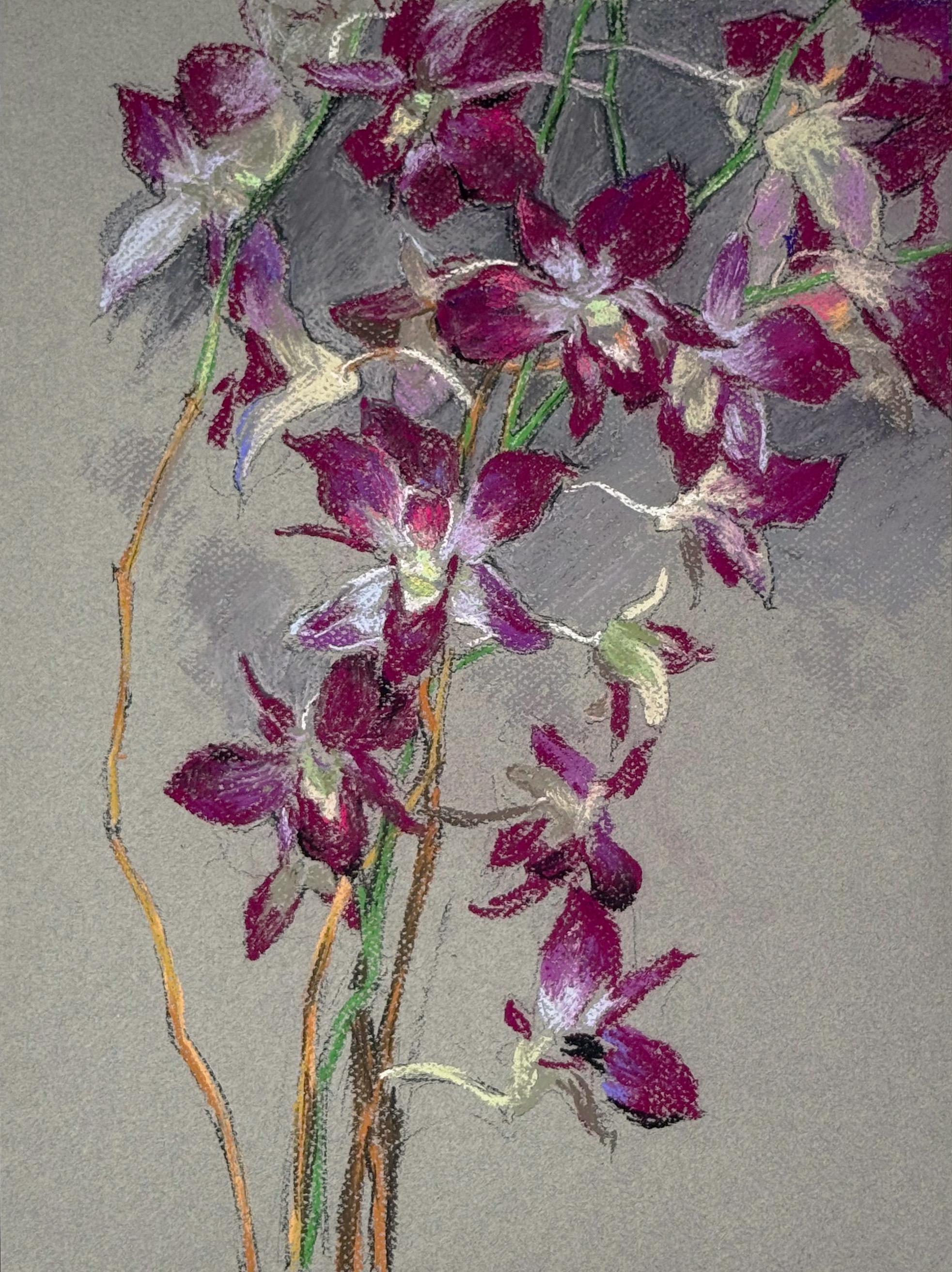 Orchidées violettes, pastel, exotique, dessin, moderne, rose, art floral, botanique, décoration d'intérieur