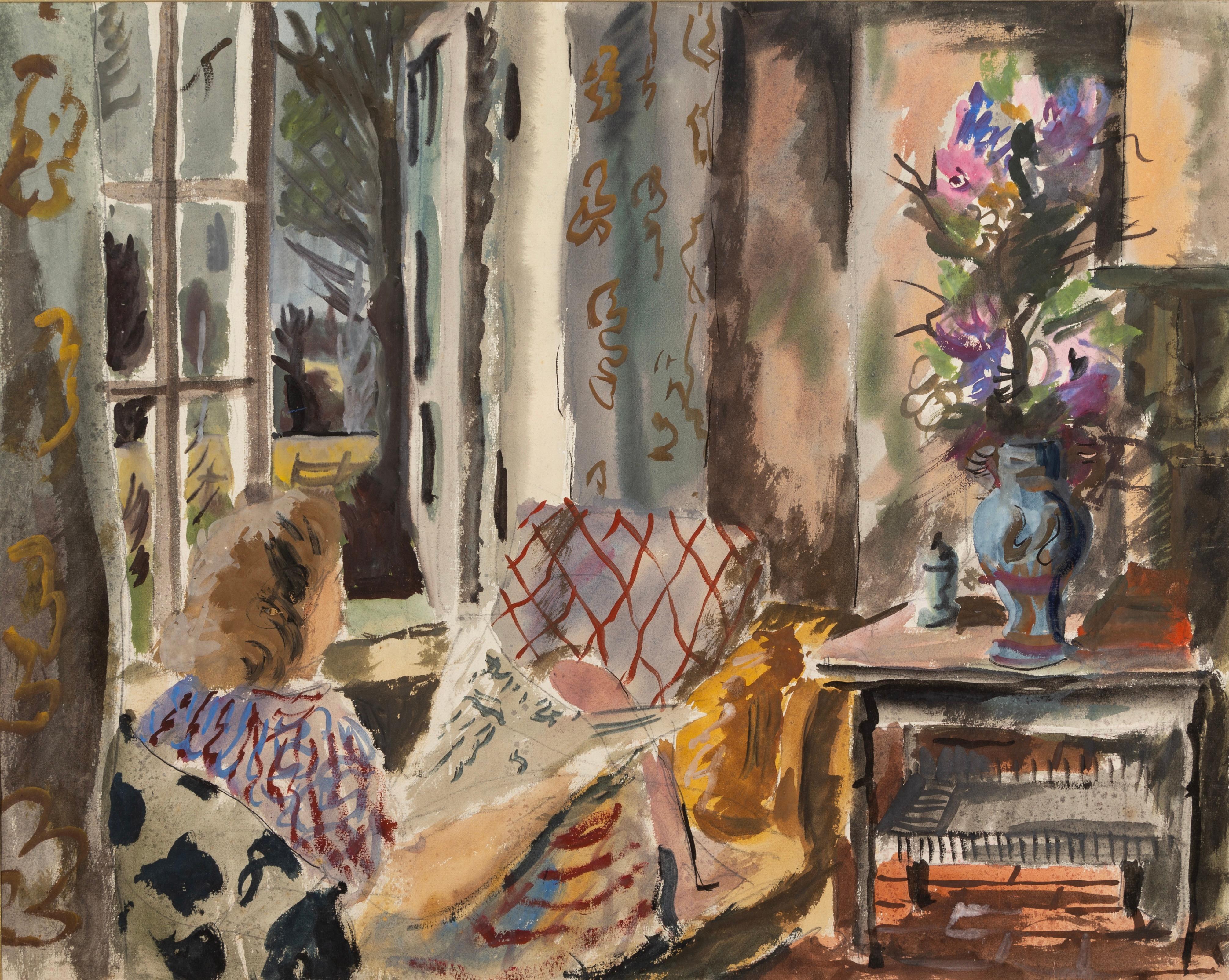 Rowland Suddaby Figurative Art – Elizabeth Reading, um 1940 - 20. Jahrhundert Innenraum-Aquarellmalerei