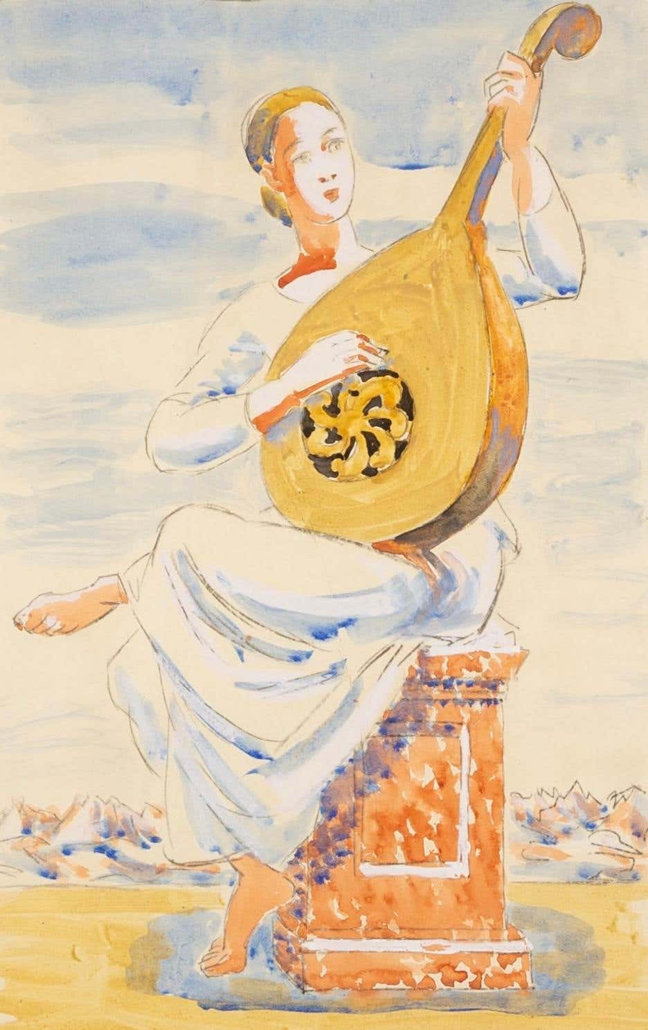 Musician, The Lute Player, 1945 circa - Watercolour Painting by Duncan Grant