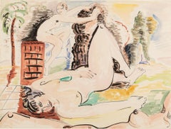 Nudes in a Garden with Palm Tree, 1934 circa - 20th C Nude Watercolor Painting