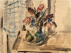 Blumen in einem Topf, 1947 – Stillleben-Aquarellgemälde mit Obst und Blumen