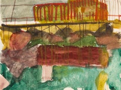 Cornish Beach, 1953/1954 - Buntes Landschafts-Aquarellgemälde in Aquarellfarben, Grün + Rot