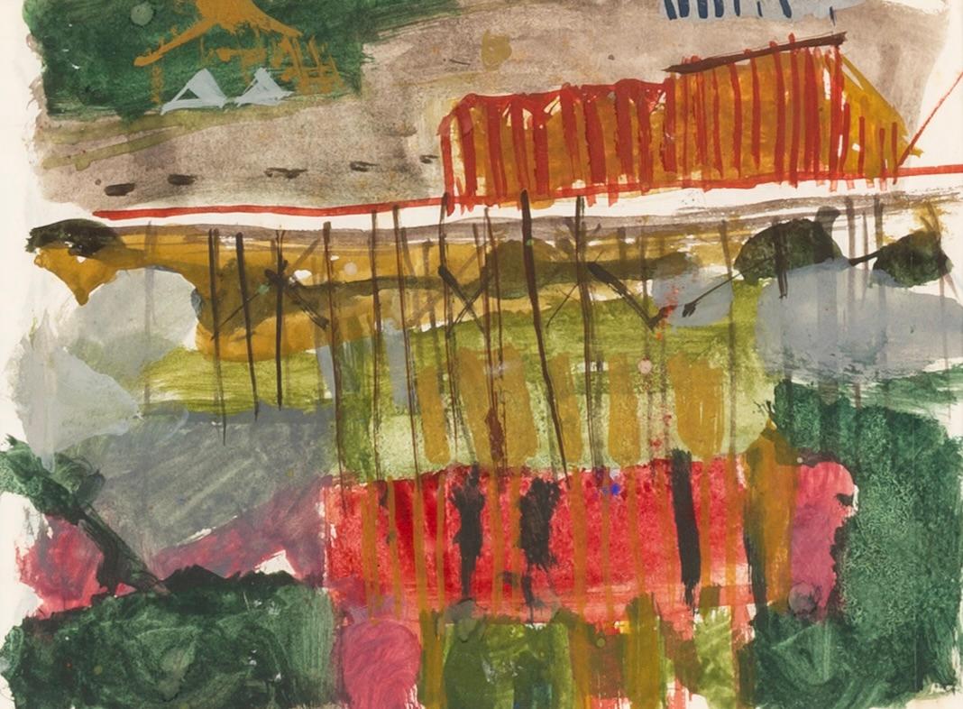 Cornwall, 1953/1954 - Colourful Landscape Watercolour Painting with Green + Red