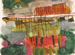 Cornouailles, 1953/1954 - Peinture à l'aquarelle de paysage coloré vert + rouge