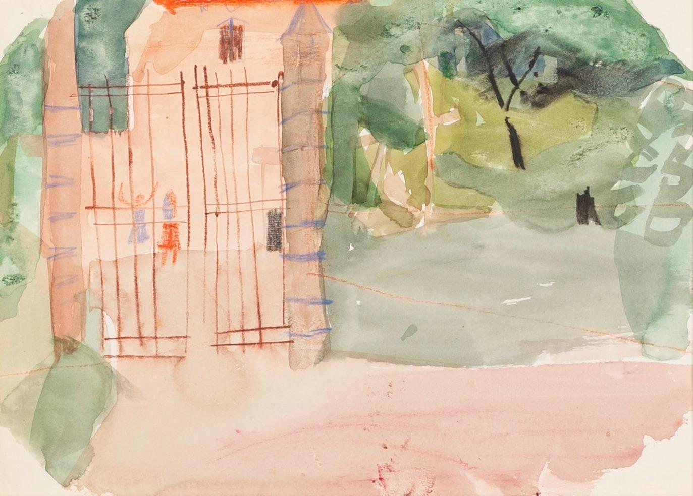 Untitled (Gates and Pink Path), 20th C - Watercolour Landscape Painting, Green