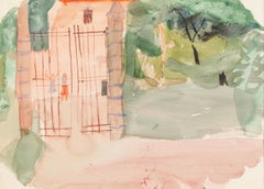 Sans titre (Gates and Pink Path), 20th C - Peinture de paysage à l'aquarelle, vert