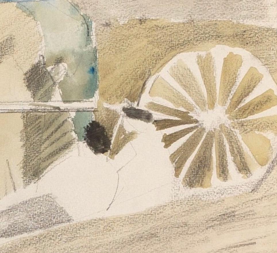 Vagones en el campo, Polonia de Peter Potworowski, Paisaje en acuarela, 1958 en venta 4