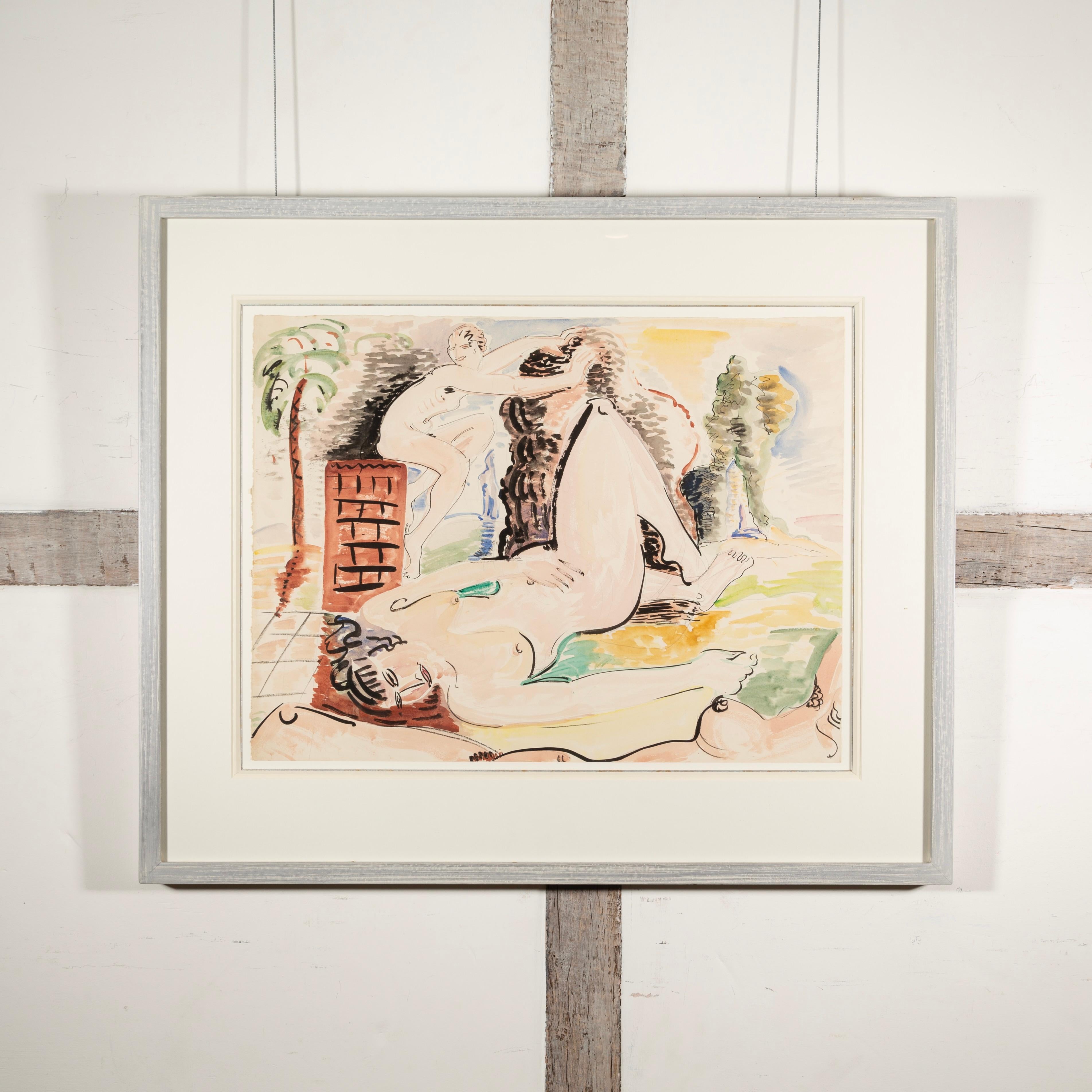 Akt in einem Garten mit Palme, 1934 circa - 20. Jahrhundert Akt Aquarellmalerei – Art von Blair Hughes-Stanton