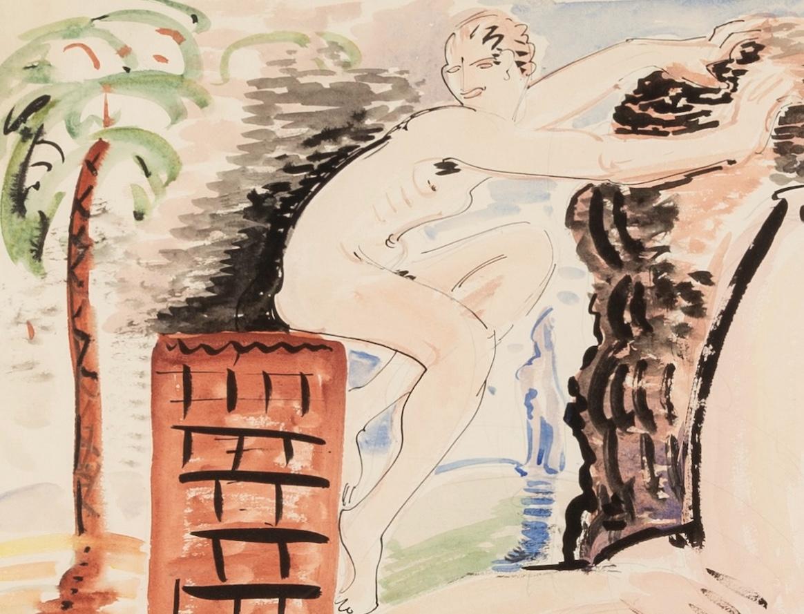 Akt in einem Garten mit Palme, 1934 circa - 20. Jahrhundert Akt Aquarellmalerei (Beige), Figurative Art, von Blair Hughes-Stanton