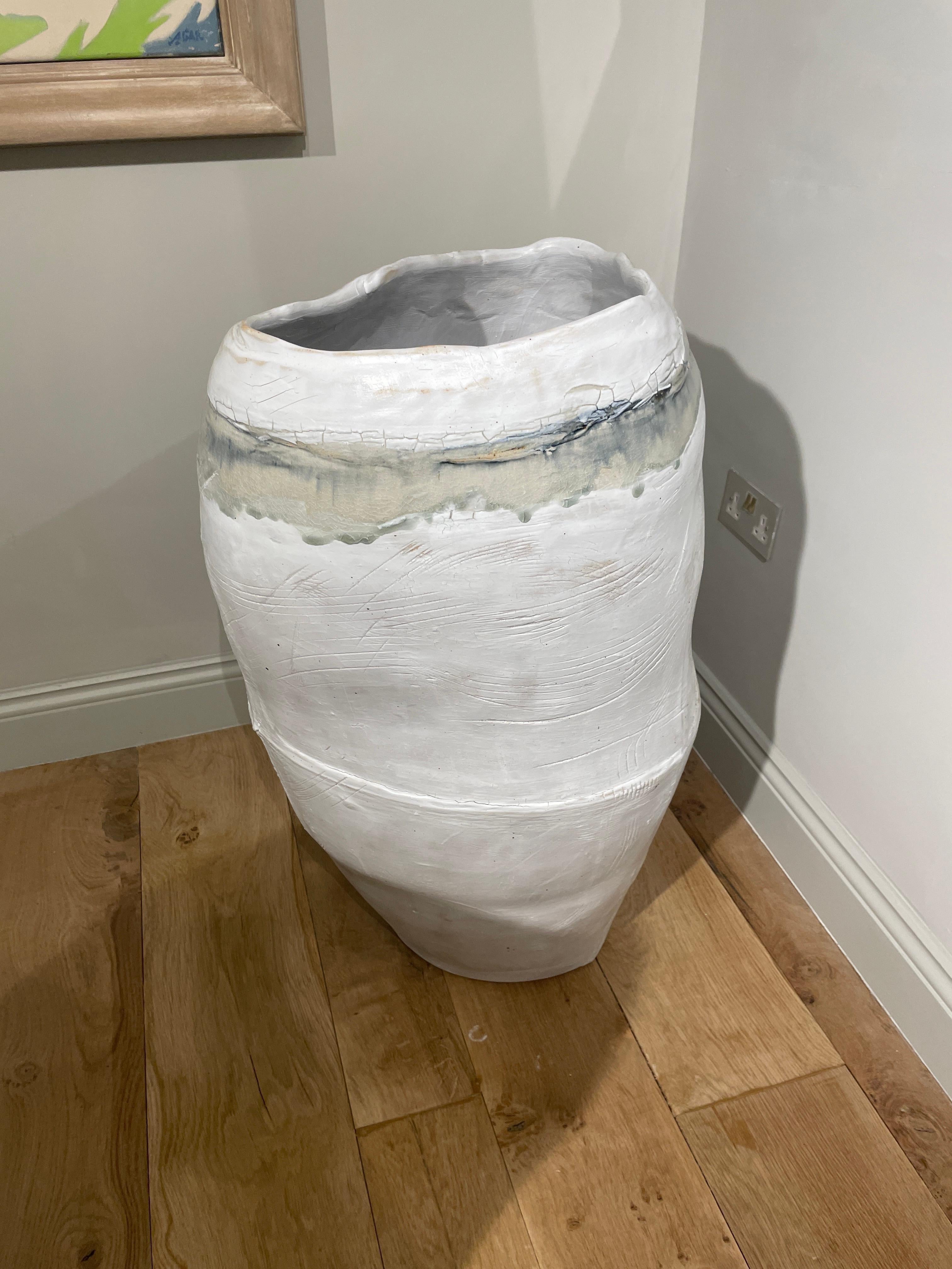 Blues and Rhythms III - Large Minimalist White Stoneware Pot with Glazes