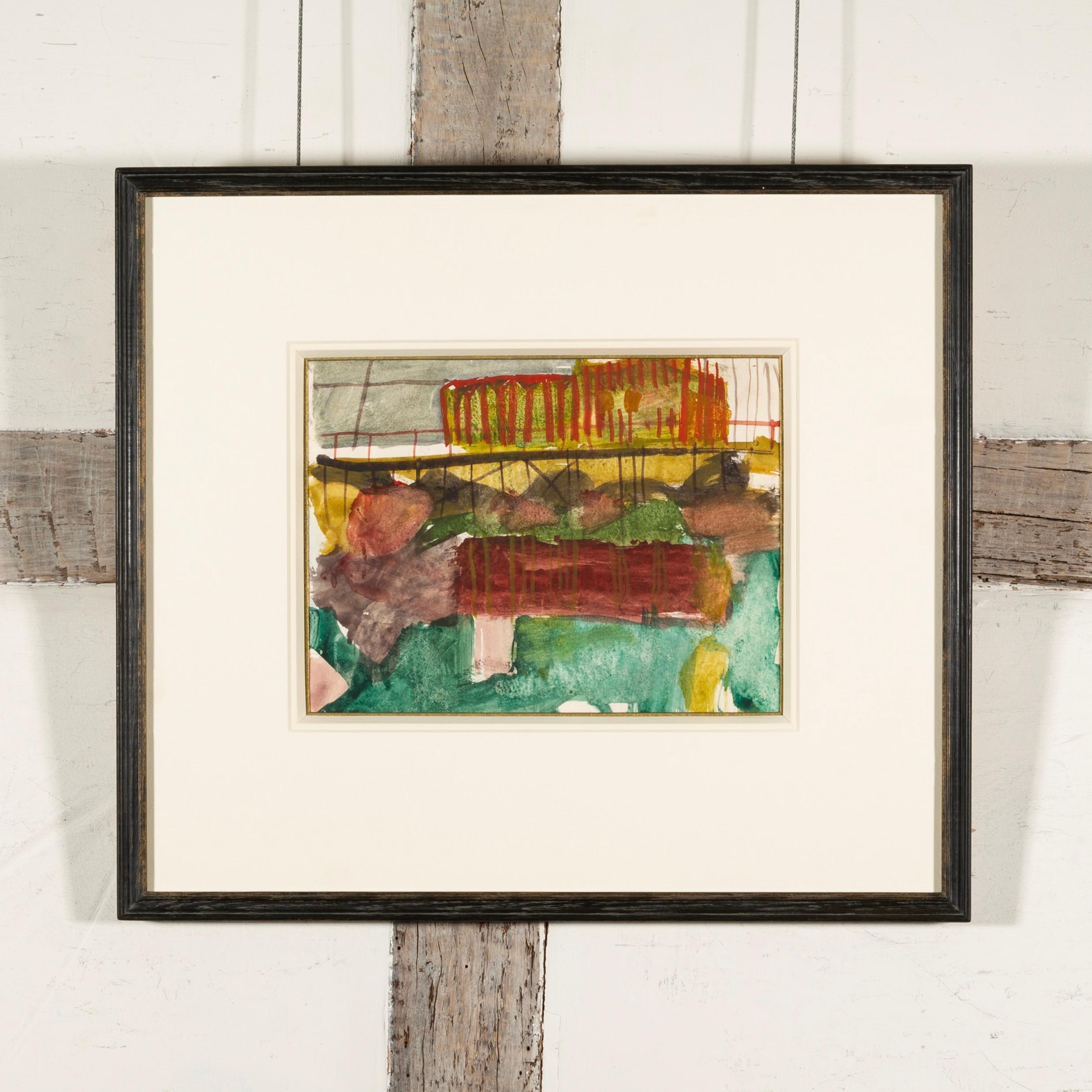 Cornish Beach, 1953/1954 - Buntes Landschafts-Aquarellgemälde in Aquarellfarben, Grün + Rot – Art von Peter Potworowski