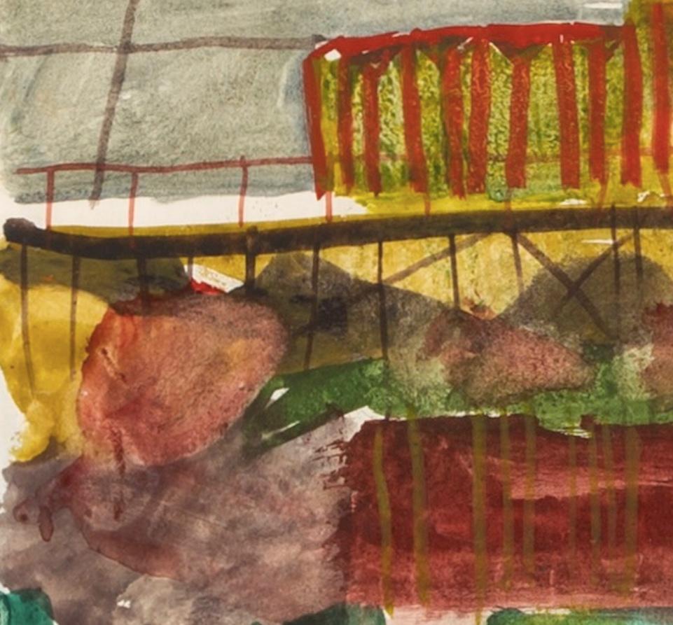 Cornish Beach, 1953/1954 - Buntes Landschafts-Aquarellgemälde in Aquarellfarben, Grün + Rot (Braun), Abstract Drawing, von Peter Potworowski