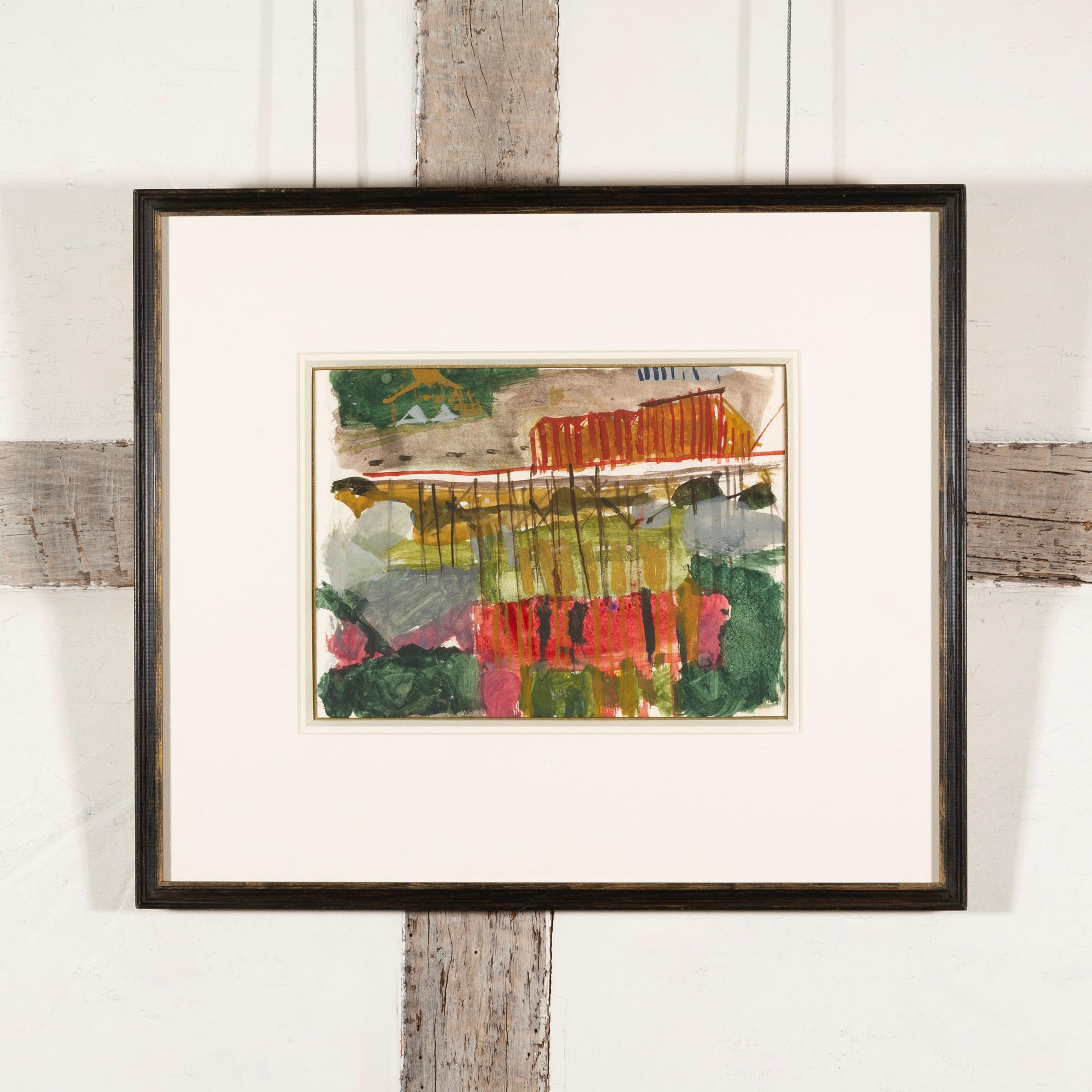 Cornwall, 1953/1954 - Buntes Landschafts-Aquarellgemälde mit Grün + Rot – Art von Peter Potworowski