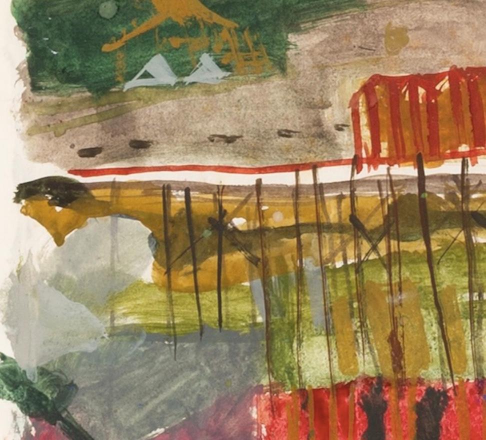 Cornwall, 1953/1954 - Buntes Landschafts-Aquarellgemälde mit Grün + Rot (Braun), Figurative Art, von Peter Potworowski
