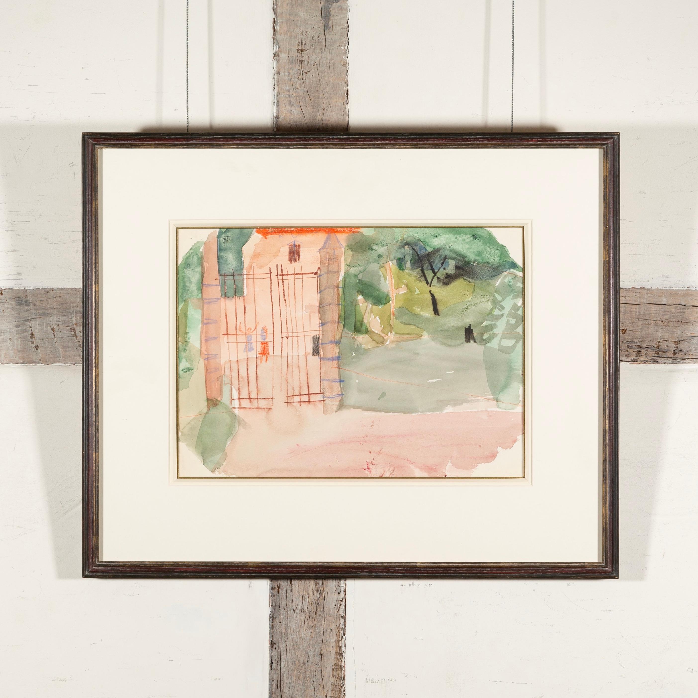 Untitled (Gates and Pink Path), 20th C - Watercolour Landscape Painting, Green - Art by Peter Potworowski