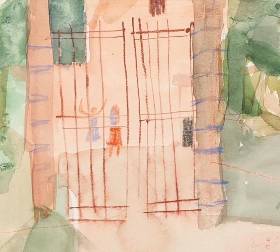 Untitled (Gates and Pink Path), 20th C - Watercolour Landscape Painting, Green - Beige Landscape Art by Peter Potworowski