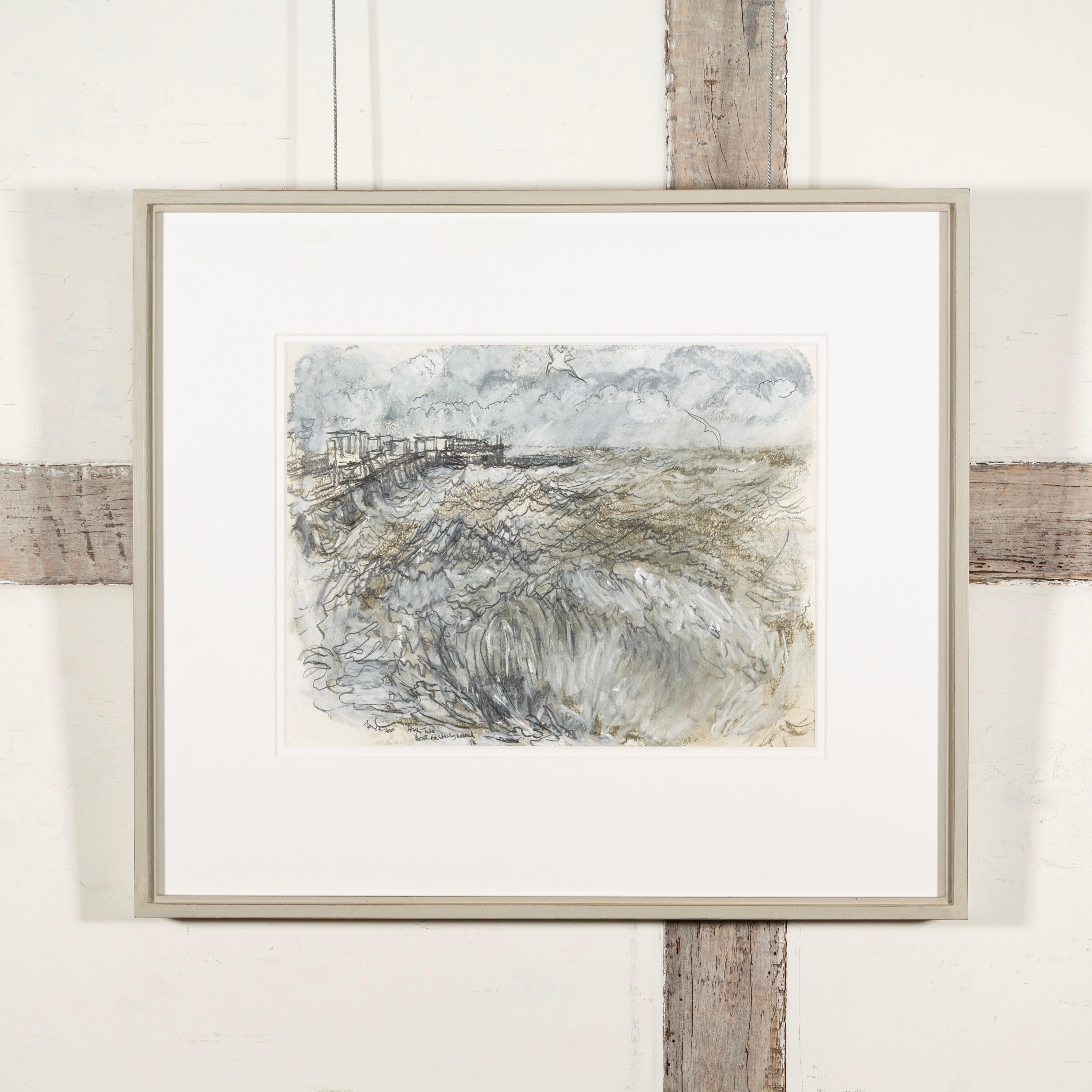 Ebbe und Flut, Nordostwind - Strandlandschaft Ölpastell + Bleistiftzeichnung – Art von Pamela Burns