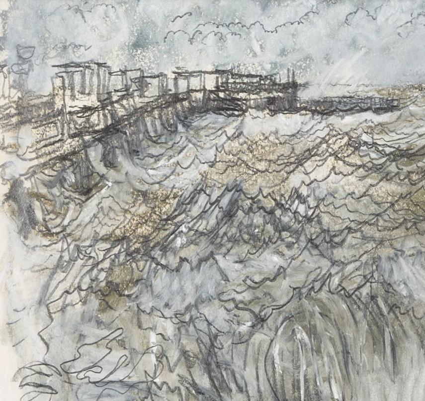 Ebbe und Flut, Nordostwind - Strandlandschaft Ölpastell + Bleistiftzeichnung (Grau), Landscape Art, von Pamela Burns