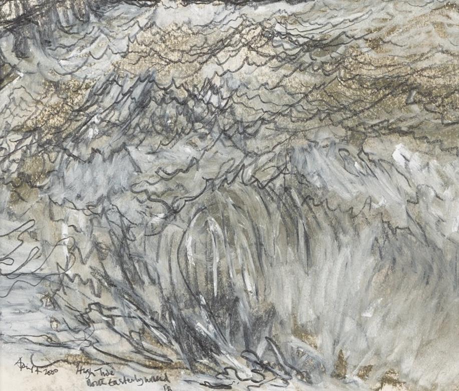 Ebbe und Flut, Nordostwind - Strandlandschaft Ölpastell + Bleistiftzeichnung im Angebot 1