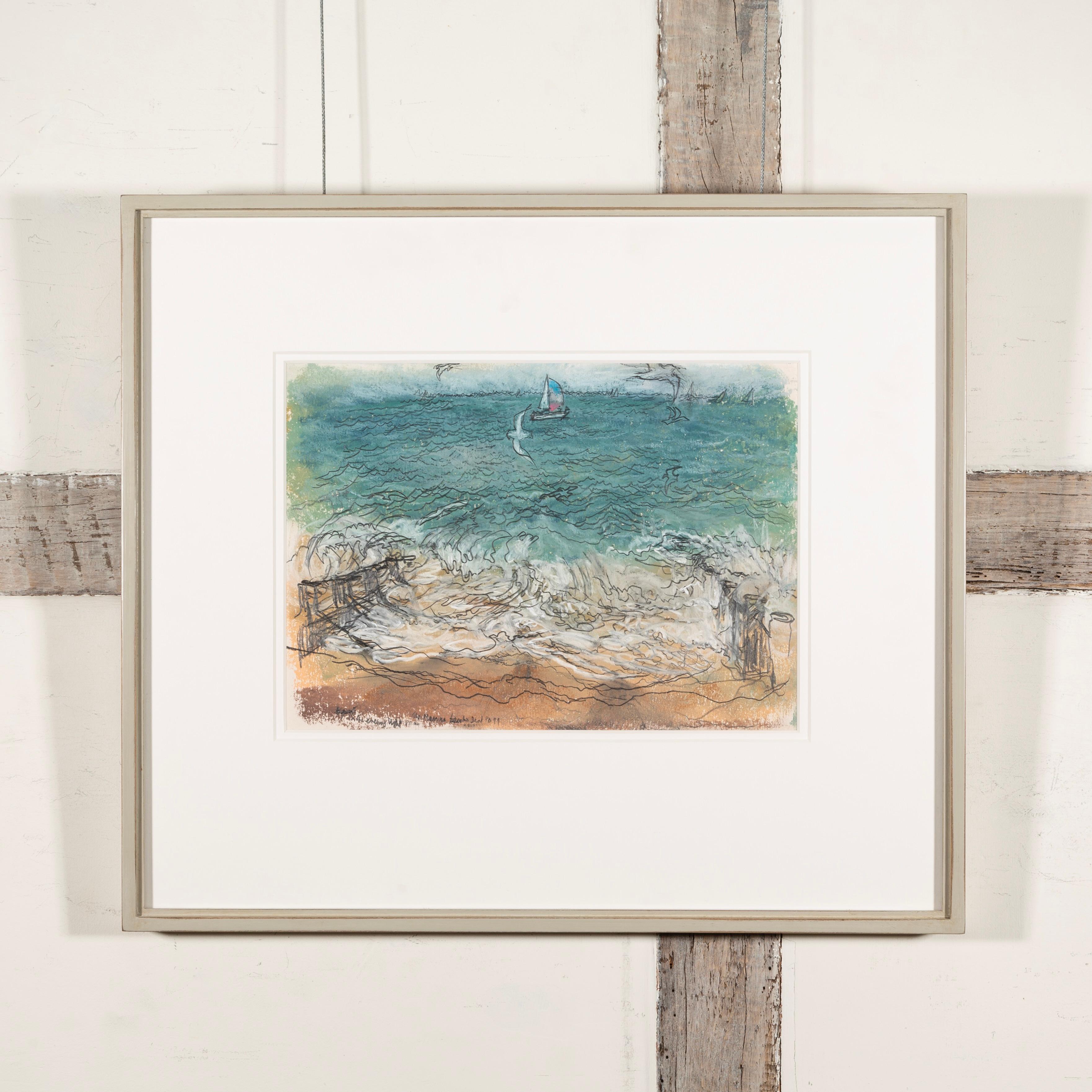 In the Evening Light - Oil Pastel + Pencil Beach Landscape, Sea, Boats and Birds - Art by Pamela Burns