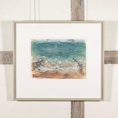 In the Evening Light - Oil Pastel + Pencil Beach Landscape, Sea, Boats and Birds