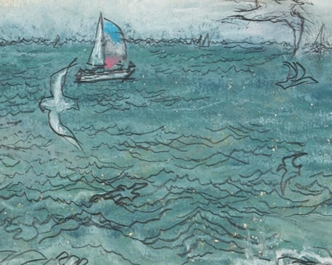 In the Evening Light - Oil Pastel + Pencil Beach Landscape, Sea, Boats and Birds For Sale 1