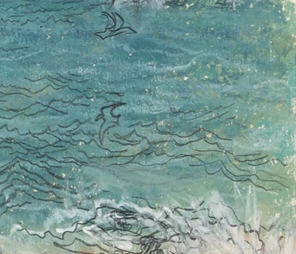 In the Evening Light - Oil Pastel + Pencil Beach Landscape, Sea, Boats and Birds For Sale 2