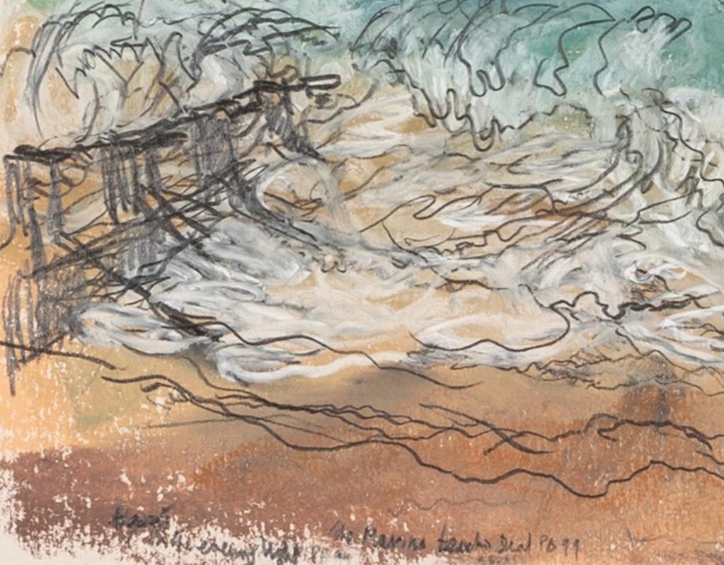 In the Evening Light - Oil Pastel + Pencil Beach Landscape, Sea, Boats and Birds - Gray Landscape Art by Pamela Burns