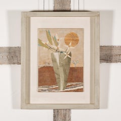 Moon Landscape with White Flowers - Flower Still Life Collage, Brown + Green