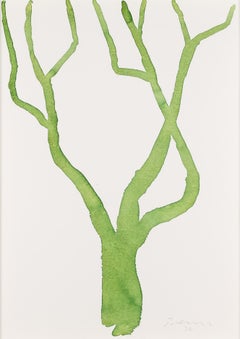 Tree Study VI - Minimalist Modern British White + Green Watercolour Painting