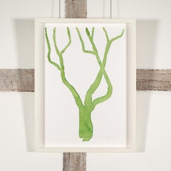 Tree Study VI - Minimalist Modern British White + Green Watercolour Painting