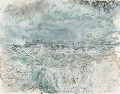 Gale Force Winds at High Tide - Seascape Pastel Drawing with Blue Ocean + Waves