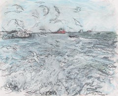 Gulls Near Deal Pier - Blue Seascape Drawing with Sea Birds, Ocean Waves + Boats