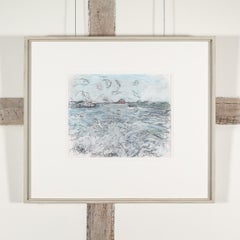 Gulls Near Deal Pier - Blue Seascape Drawing with Sea Birds, Ocean Waves + Boats