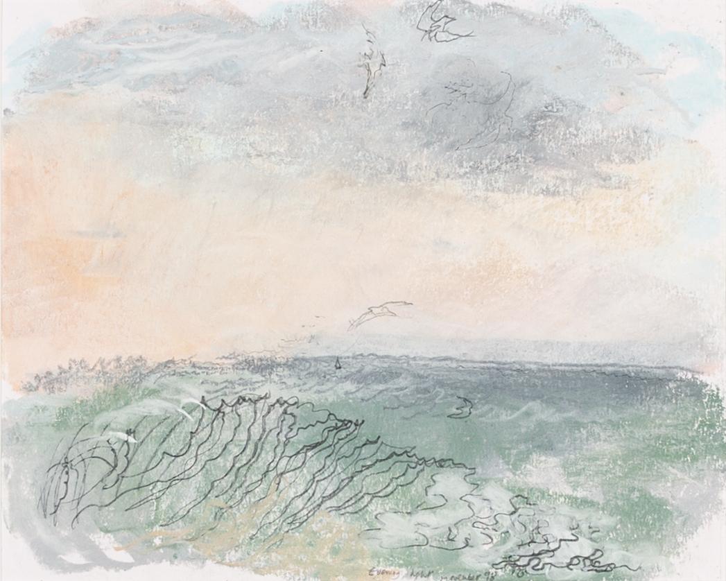 Landscape Art di Pamela Burns - Evening Light - Disegno a pastello di un paesaggio marino al tramonto con onde dell'oceano e uccelli marini