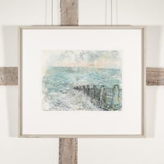 Marée montante - Dessin de paysage marin bleu et blanc avec oiseaux de mer, bateaux et vagues