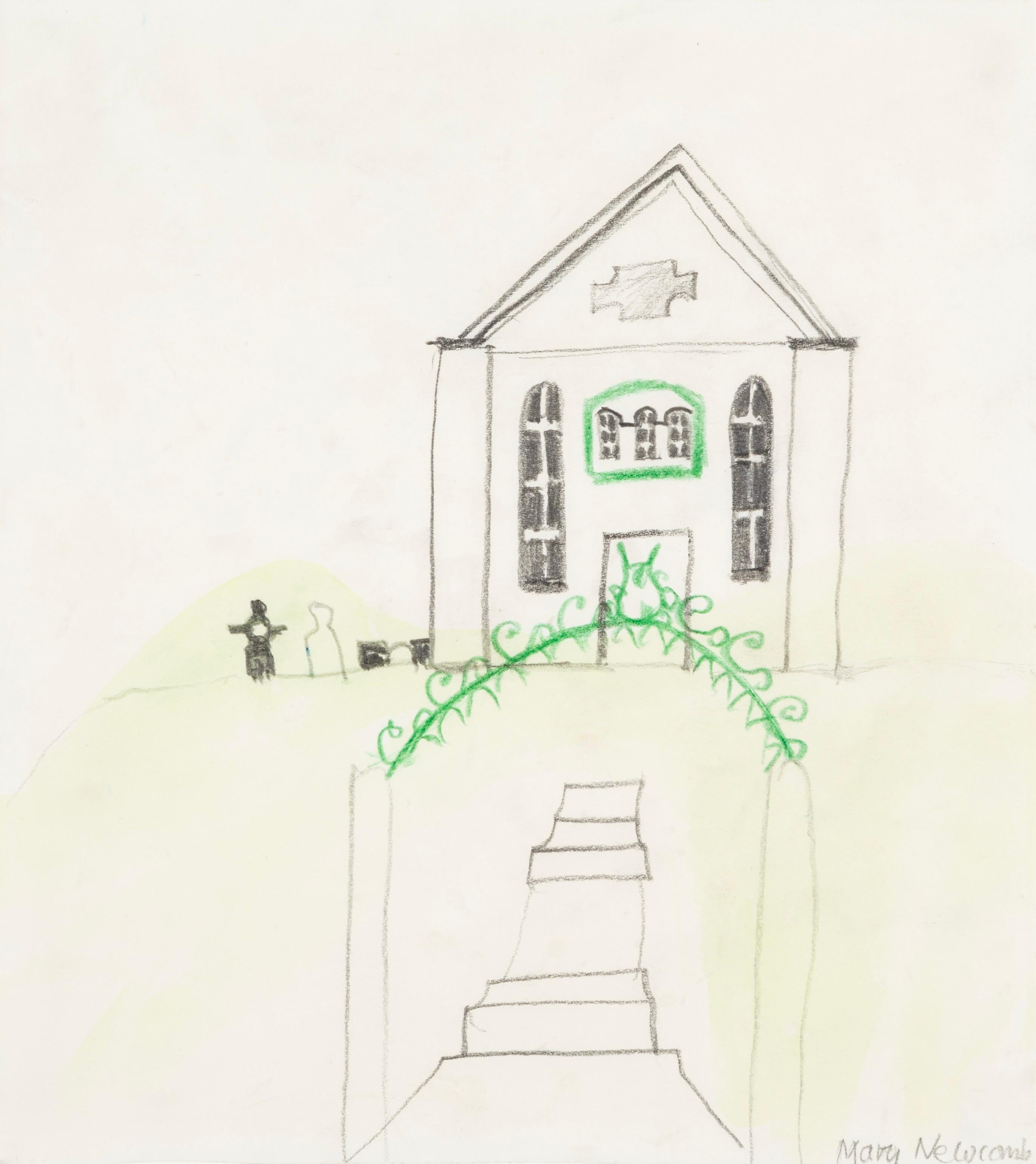 Studio di una chiesa - Disegno naïf del XX secolo con acquerello raffigurante una chiesa