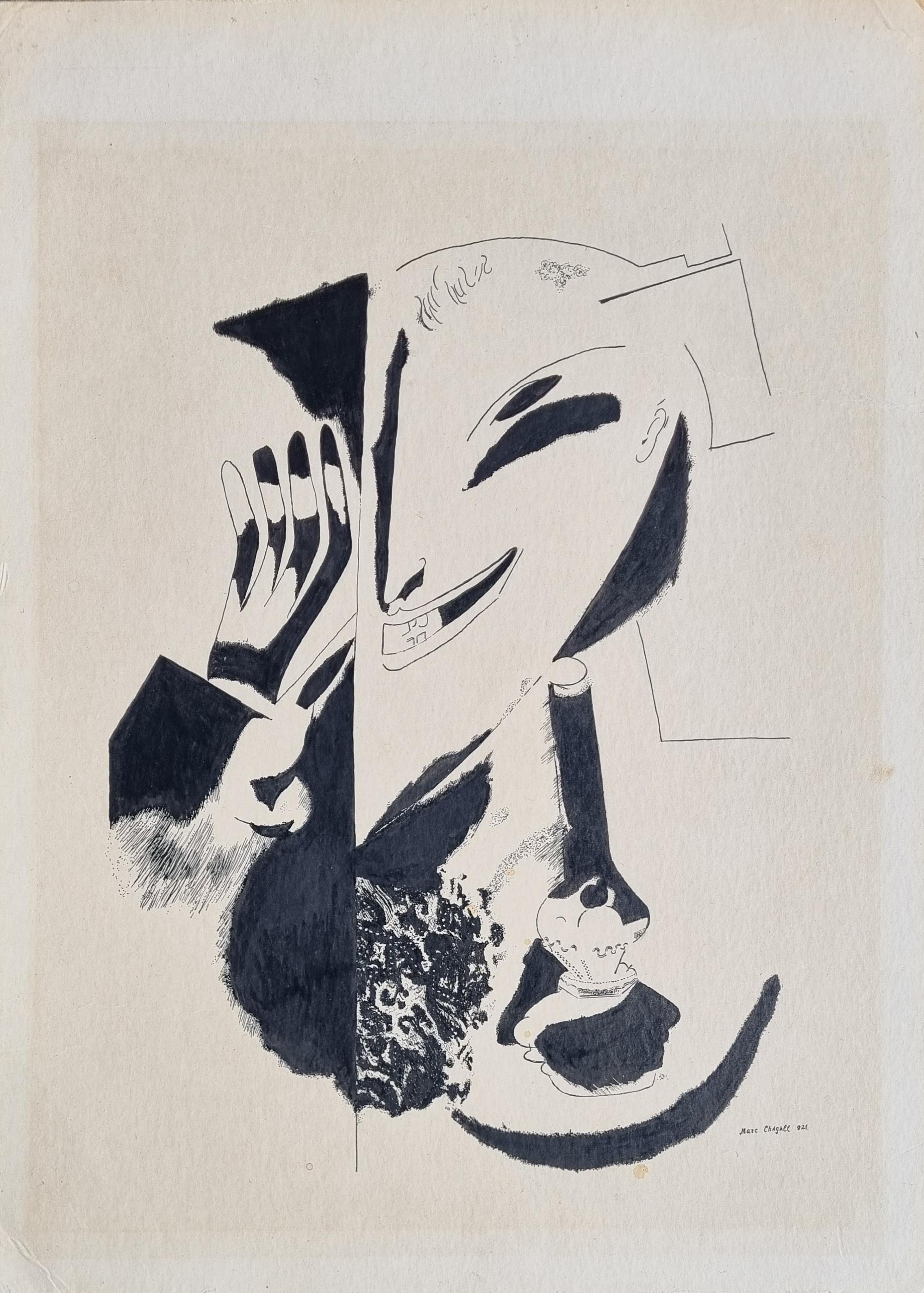 Disegno a inchiostro su cartoncino firmato "Marc Chagall", datato 1921