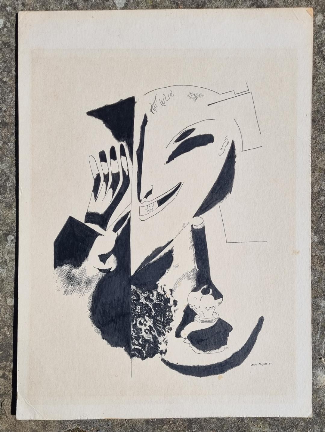 Ink Drawing on Card signed 