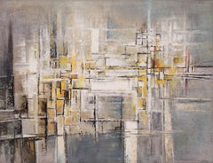 Used The Bridge (Mid-Century Abstract Painting with blue, yellow, white & black)