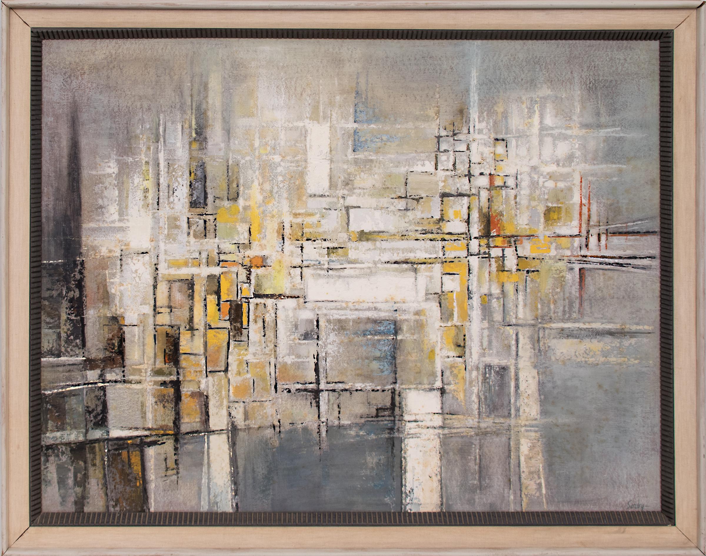 An abstract expressionist painting in oil and pyroxlin on masonite created around 1960 by Richard Sorby (1911-2001) in hues of blue, yellow, white, black and gray.  Presented in a vintage (likely original) frame, outer dimensions measure 34 x 42 ¼ x