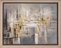 The Bridge (Mid-Century Abstract Painting with blue, yellow, white & black)