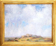 Pintura al óleo de paisajes del oeste de Colorado de los años 20, cielo azul, macizos y arte de montaña