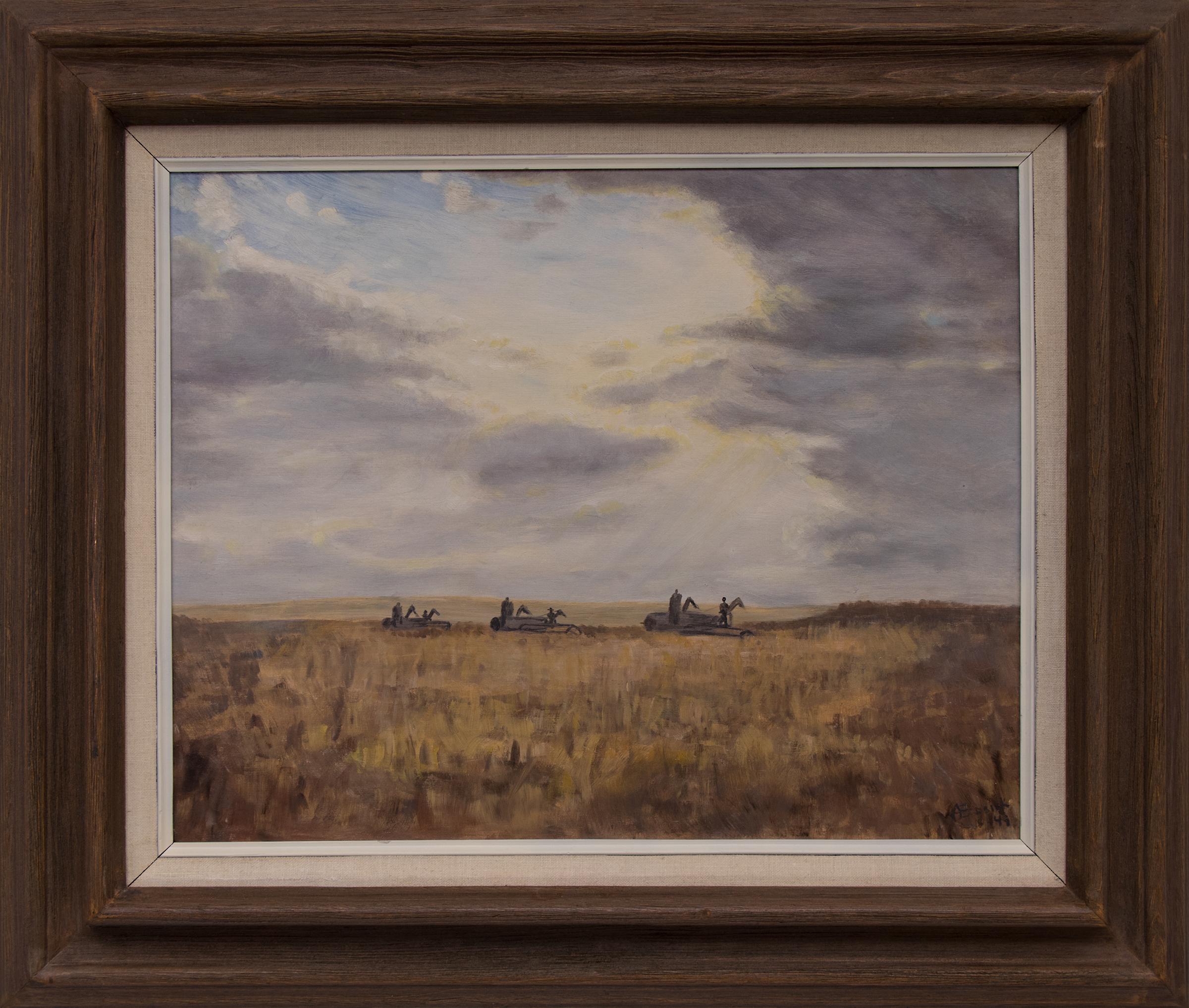 Anna Essick Figurative Painting - Harvesting Wheat in Colorado, American Scene Landscape Oil Painting, Brown, Gray
