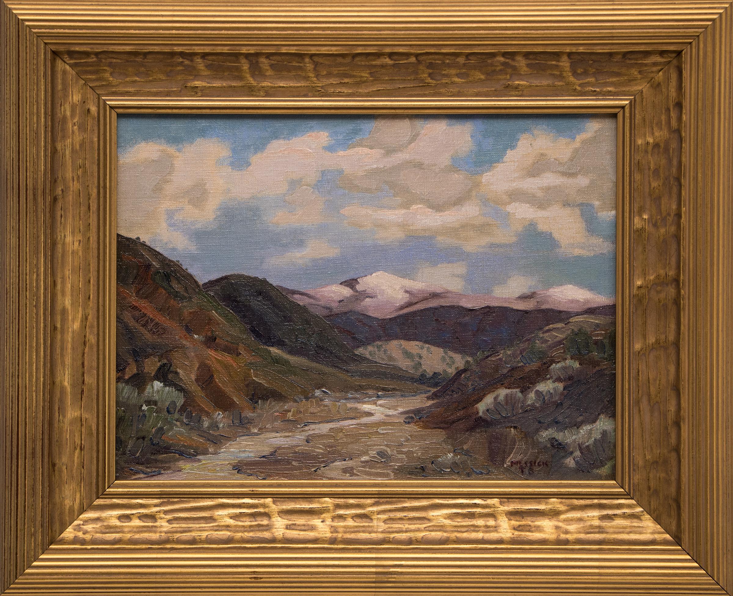 Landscape Painting de Turner Messick - 1940s Western Mountain Landscape Oil Painting - Picos nevados, Oeste americano