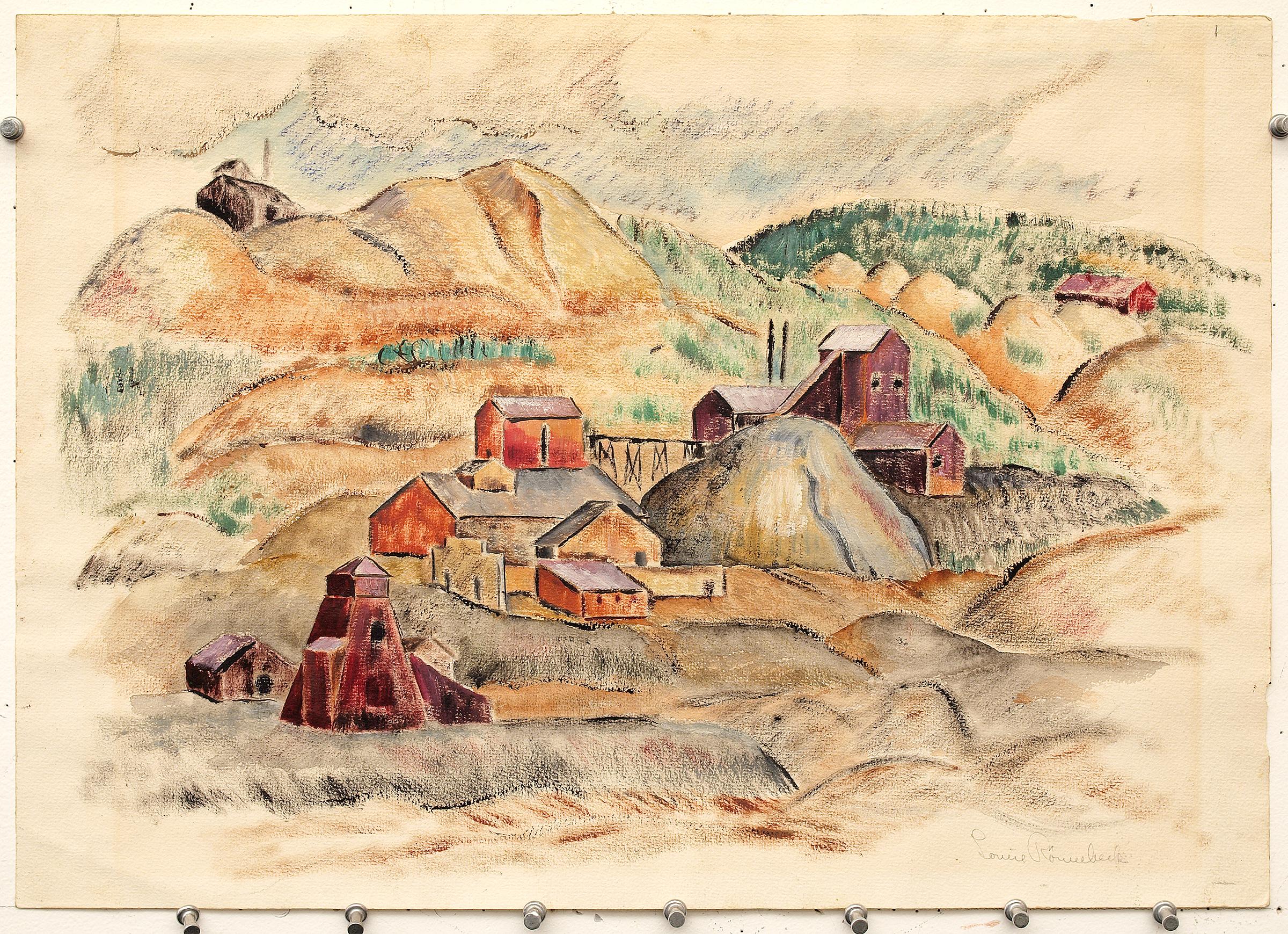 1930s WPA Era Modernist Colorado Mining Mountain Landscape, Autumn Landscape - Beige Figurative Painting by Louise Ronnebeck